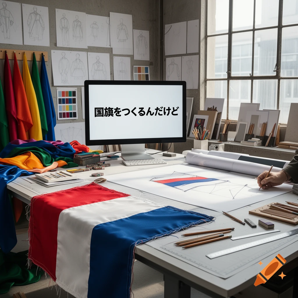 A person sketches a flag design at a cluttered design studio desk with fabric rolls, art supplies, and a monitor displaying Japanese text.