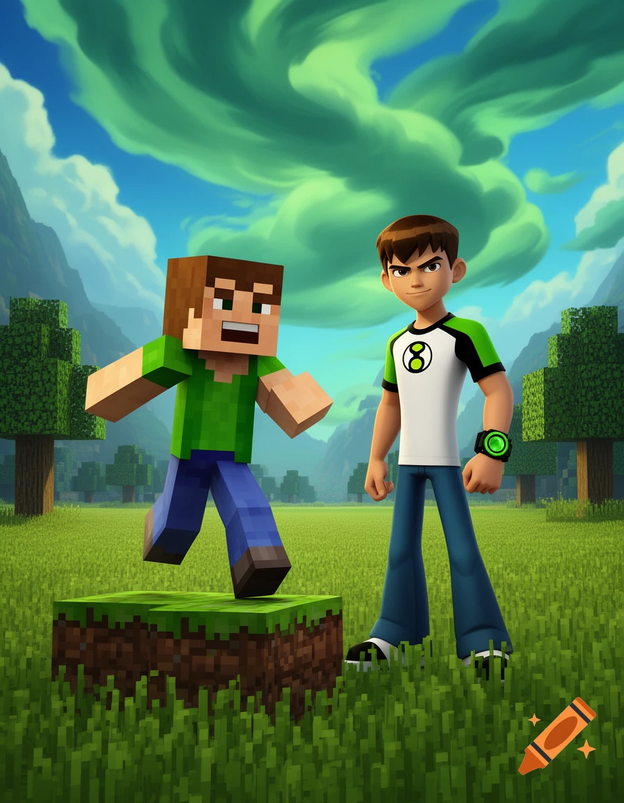 A blocky Minecraft character steps onto a dirt block next to an animated Ben 10 in a lush, grassy field under a cloudy sky.