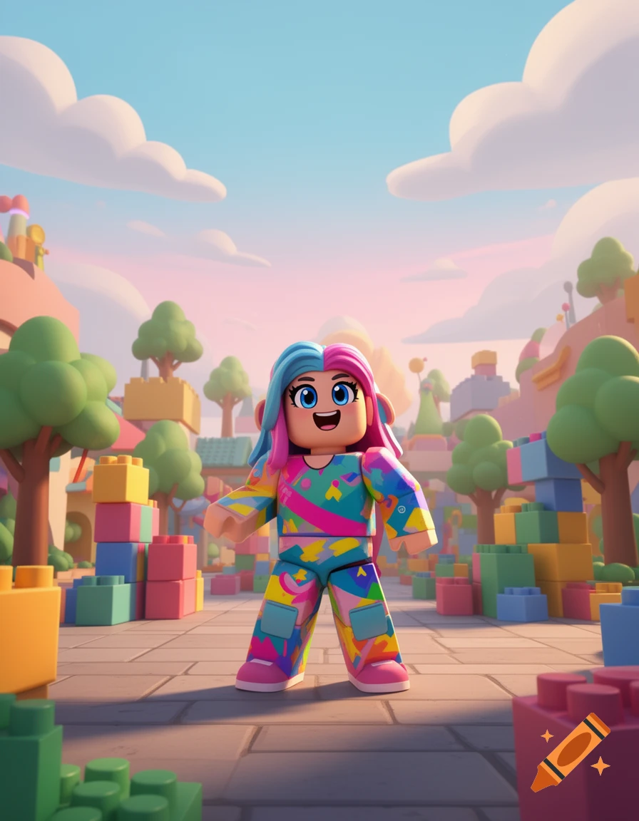 A Roblox-style character with pink and blue hair and a colorful patterned jumpsuit stands in a bright, block-built world.