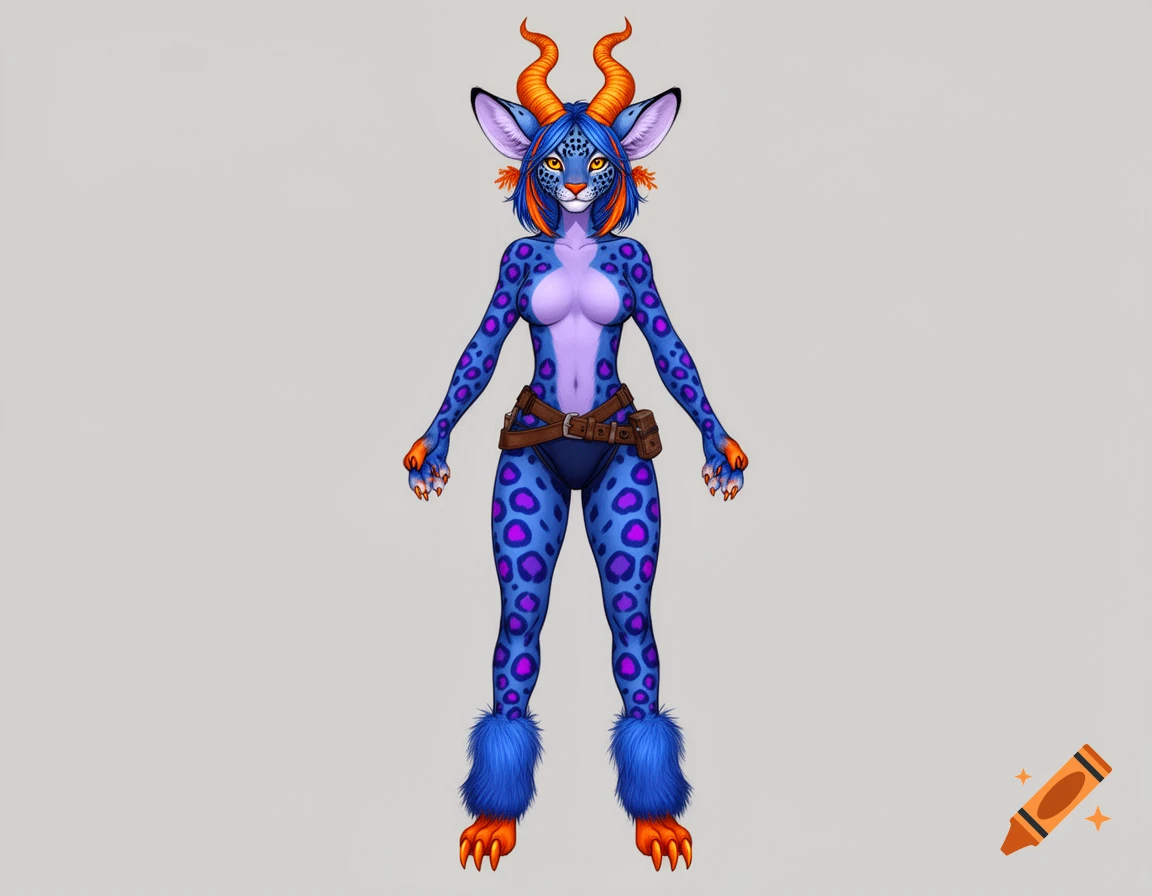 Full-body concept art of a blue fawn-leopard hybrid with orange horns and accents, wearing a dark blue and brown adventurer outfit.