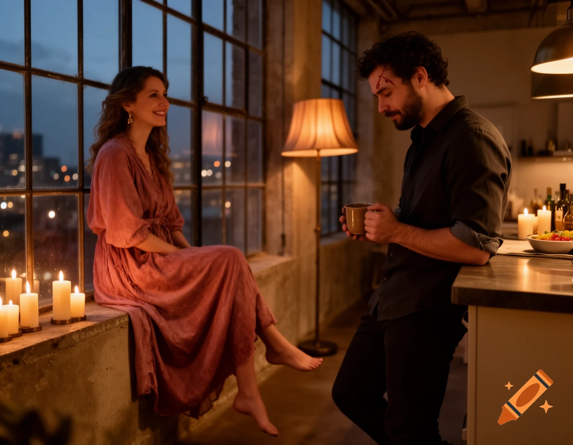 A man and woman in a cozy, candlelit loft apartment at dusk. She sits on a window sill, smiling at him, as he leans on a counter, holding a mug.