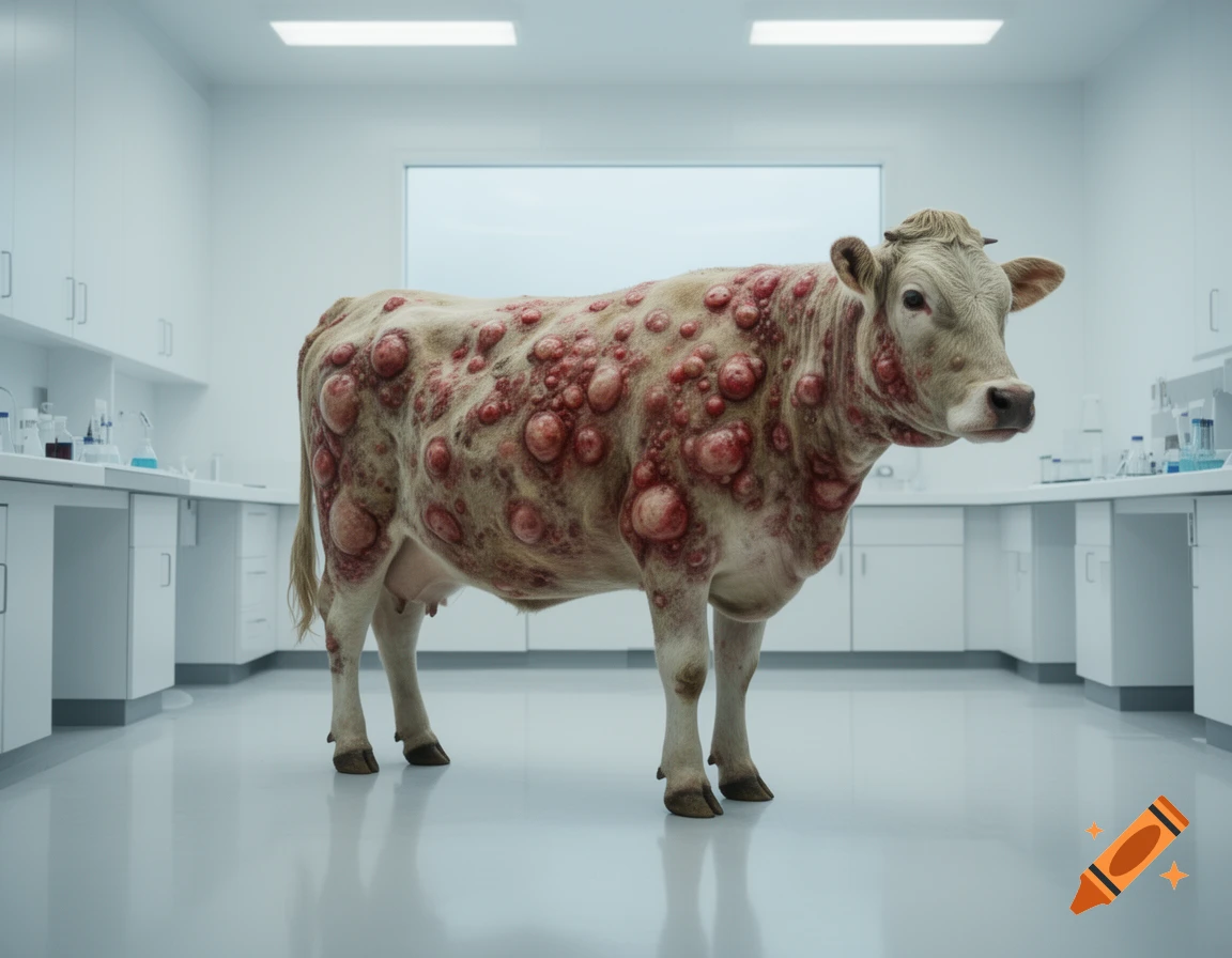 A mutated cow covered in large red blisters stands in a sterile white laboratory.