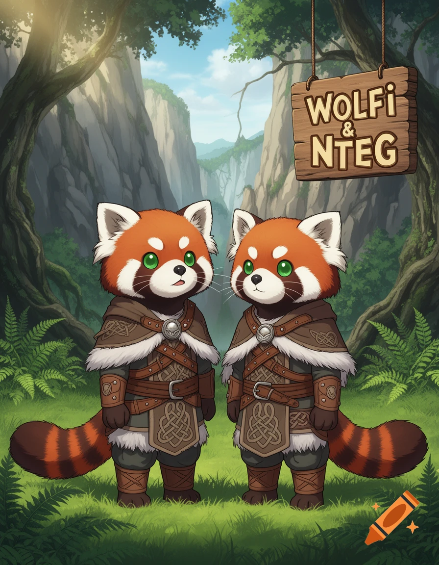 Two anime-style red pandas in medieval warrior outfits stand in a forest, with a wooden sign reading "WOLFİ & NTEG" above them.
