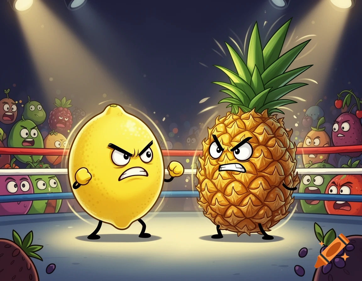 Angry cartoon lemon and pineapple facing off in a boxing ring, surrounded by a fruit audience.