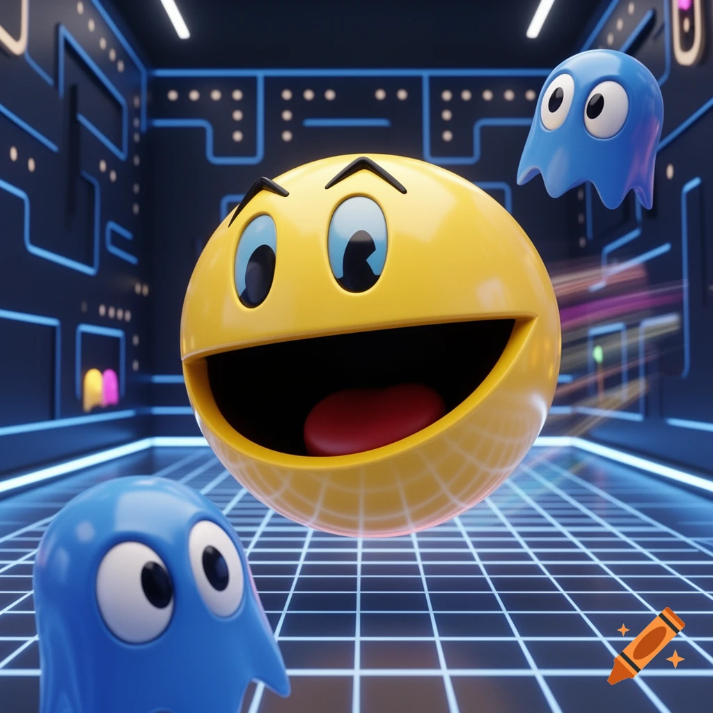 A 3D render of a smiling Pac-Man character with two blue ghosts in a dark, neon-lit maze.