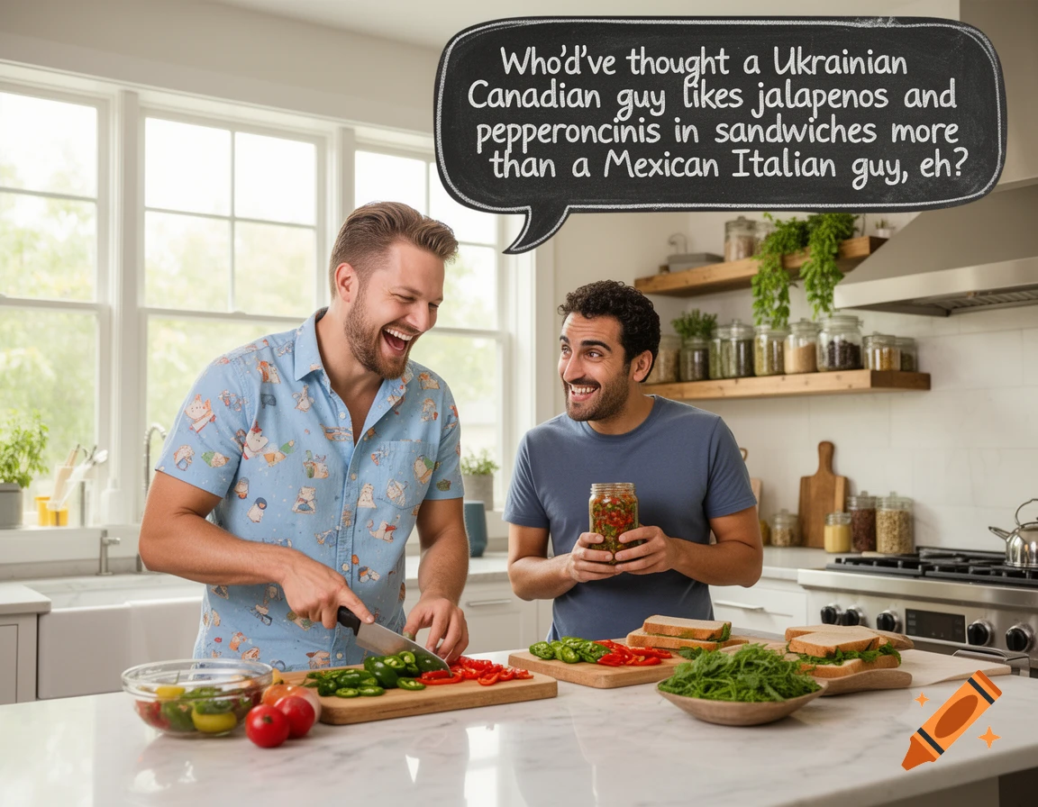 Two smiling men in a bright kitchen, one chopping vegetables, the other holding a jar of pickled peppers, with a speech bubble overhead.