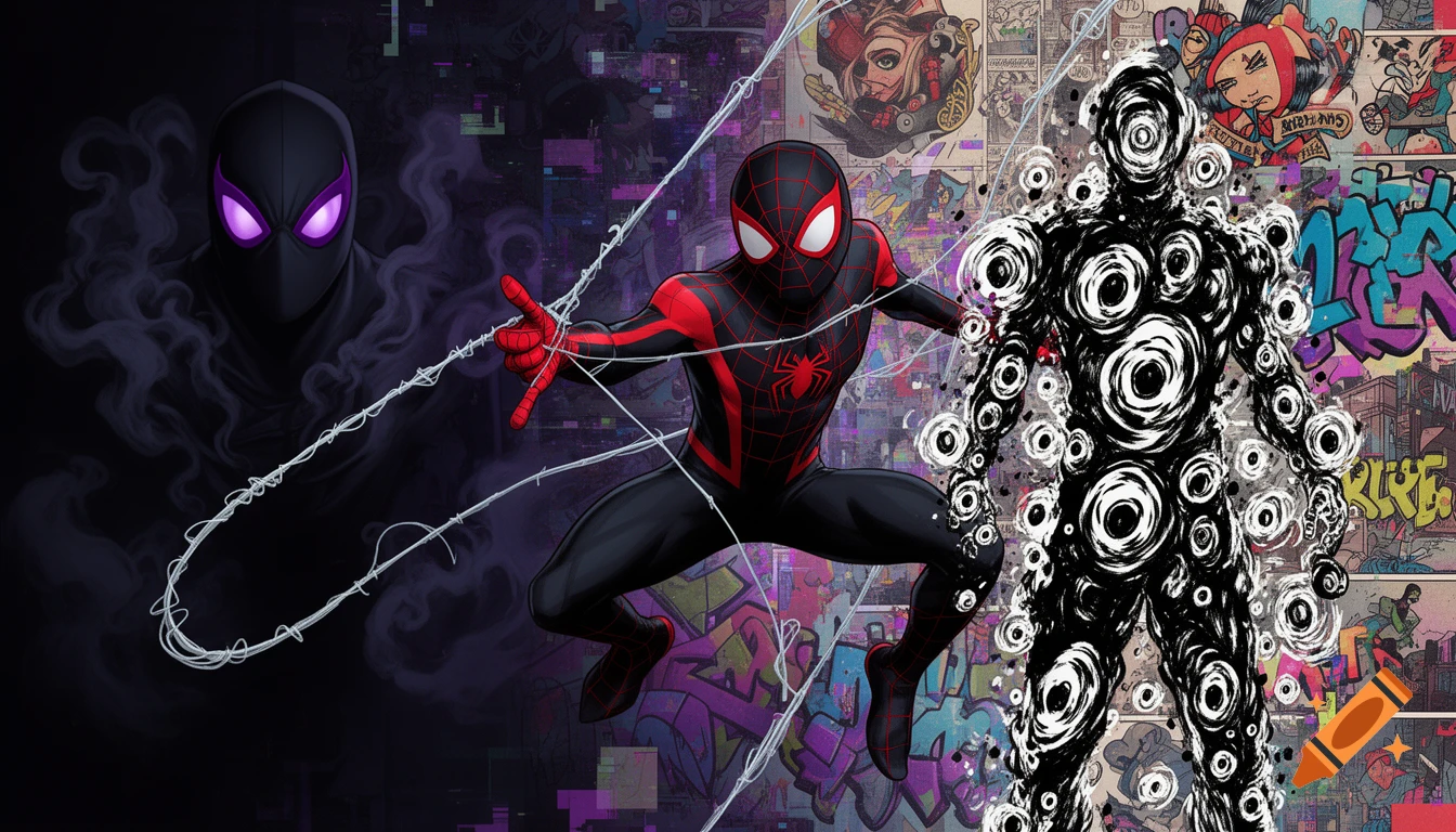Miles Morales in his black and red suit with The Prowler and The Spot, surrounded by comic book panels, graffiti, and glitch effects.