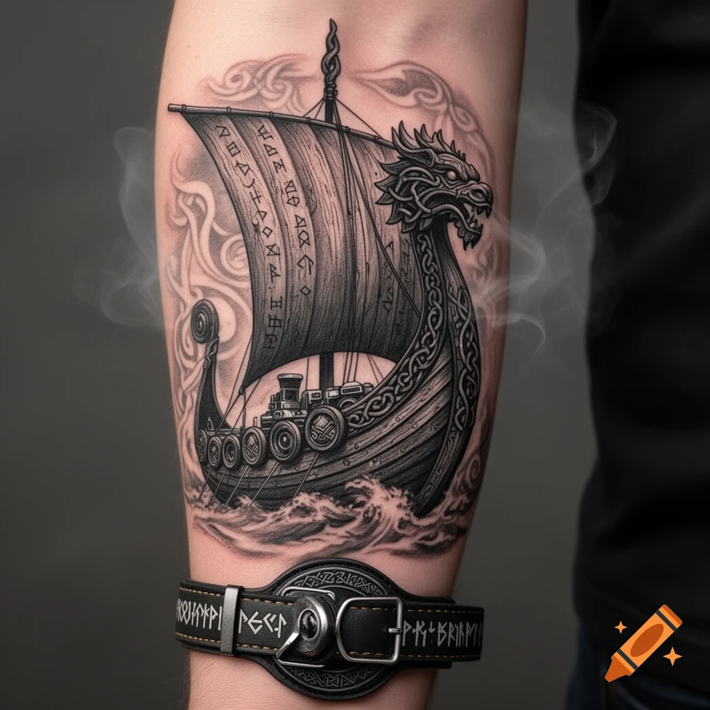 A detailed black and white tattoo of a Viking longship with a dragon head on an arm, with a matching leather wristband.