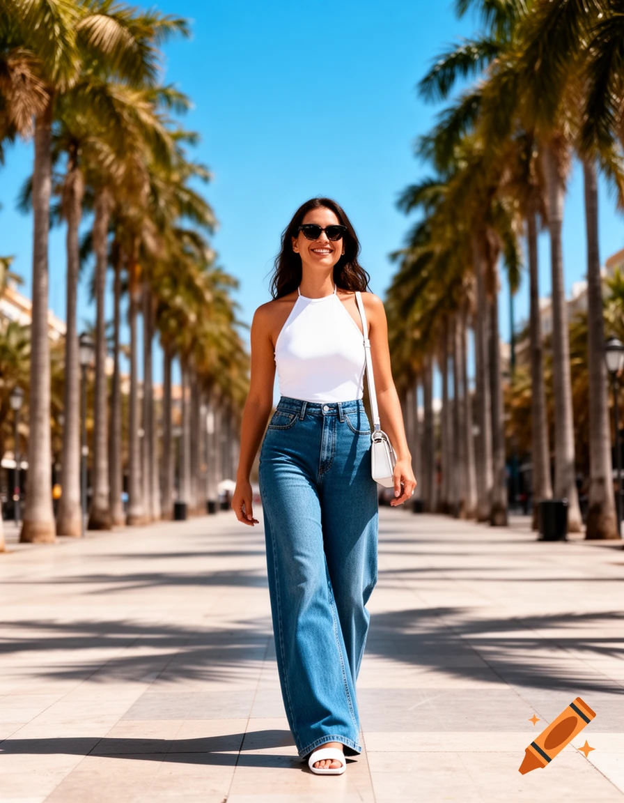 A smiling brunette woman in a white halter top and blue wide-leg jeans walks on a sunny palm-lined boulevard.