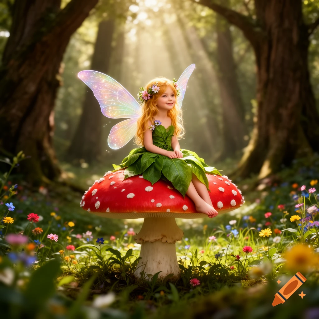 A cute fairy with long reddish-blonde hair and glowing rainbow wings sits on a large red mushroom in a sunlit magical forest.