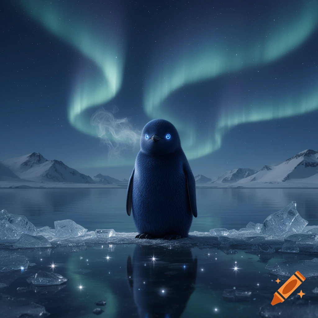 A dark blue penguin with glowing blue eyes exhales mist in a snowy landscape under green aurora borealis. Its reflection shimmers in icy water.