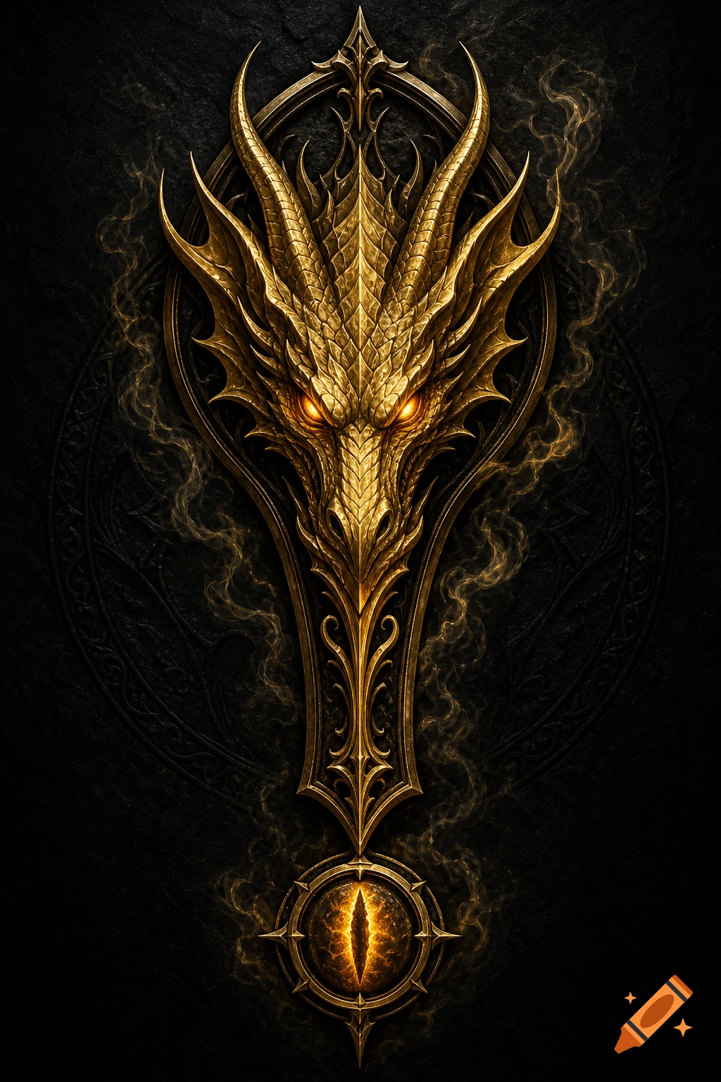 An ornate golden dragon head with glowing orange eyes, forming the top of a dark fantasy logo shaped like an exclamation point, on a textured black background.