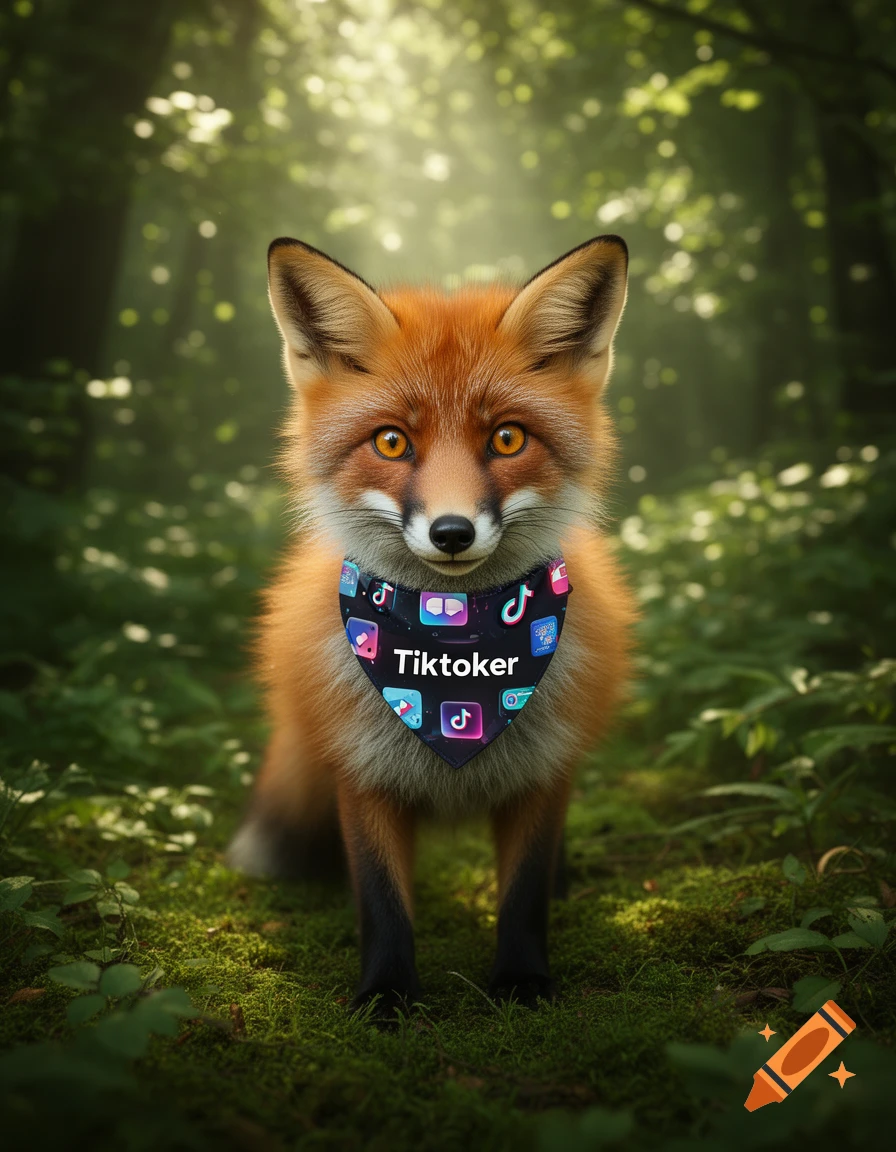 A sweet, fluffy red fox wearing a black bandana with the word "Tiktoker" and app logos stands in a lush, sun-dappled forest.