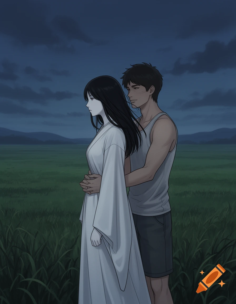 Anime drawing of a man consoling a woman with long black hair, wearing a white dress, hugging her from behind in a dark, grassy field.