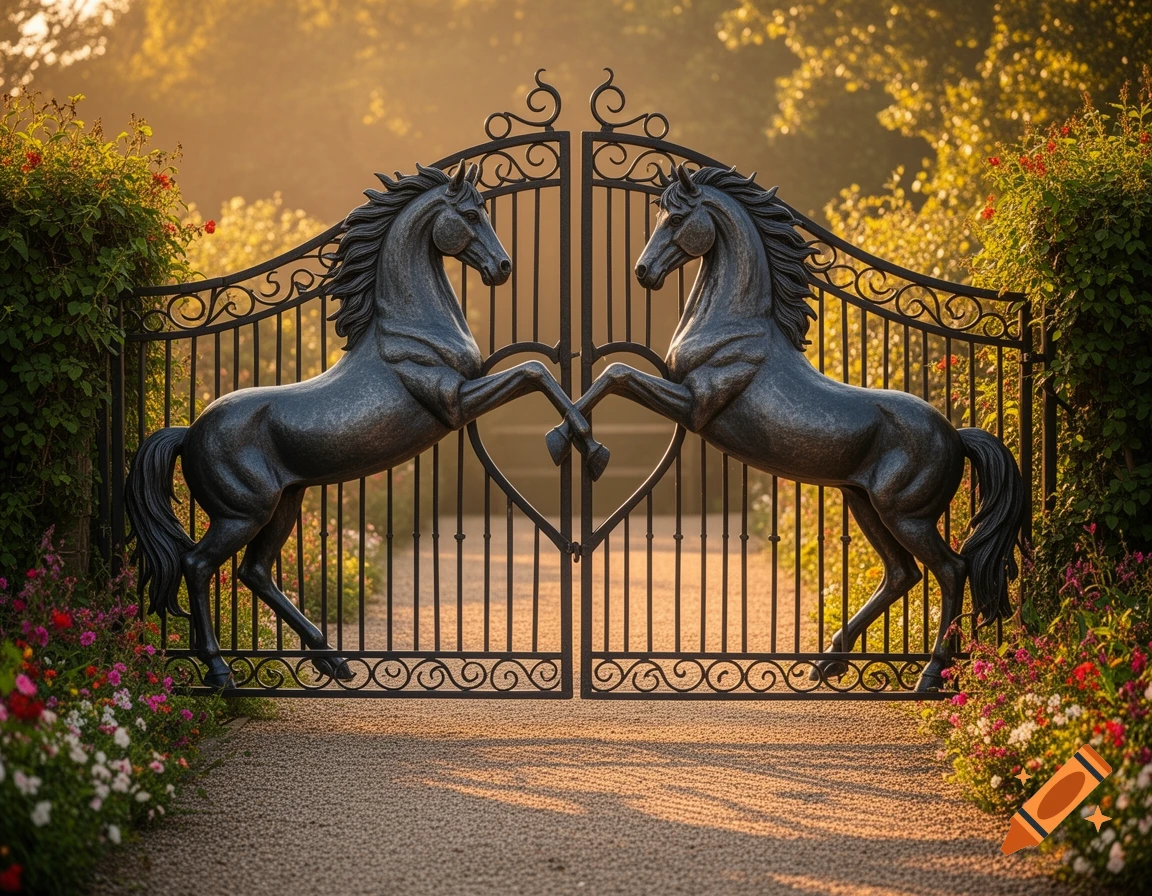 Photorealistic black metal gate with two horse statues forming a heart, surrounded by a vibrant garden under warm sunlight.
