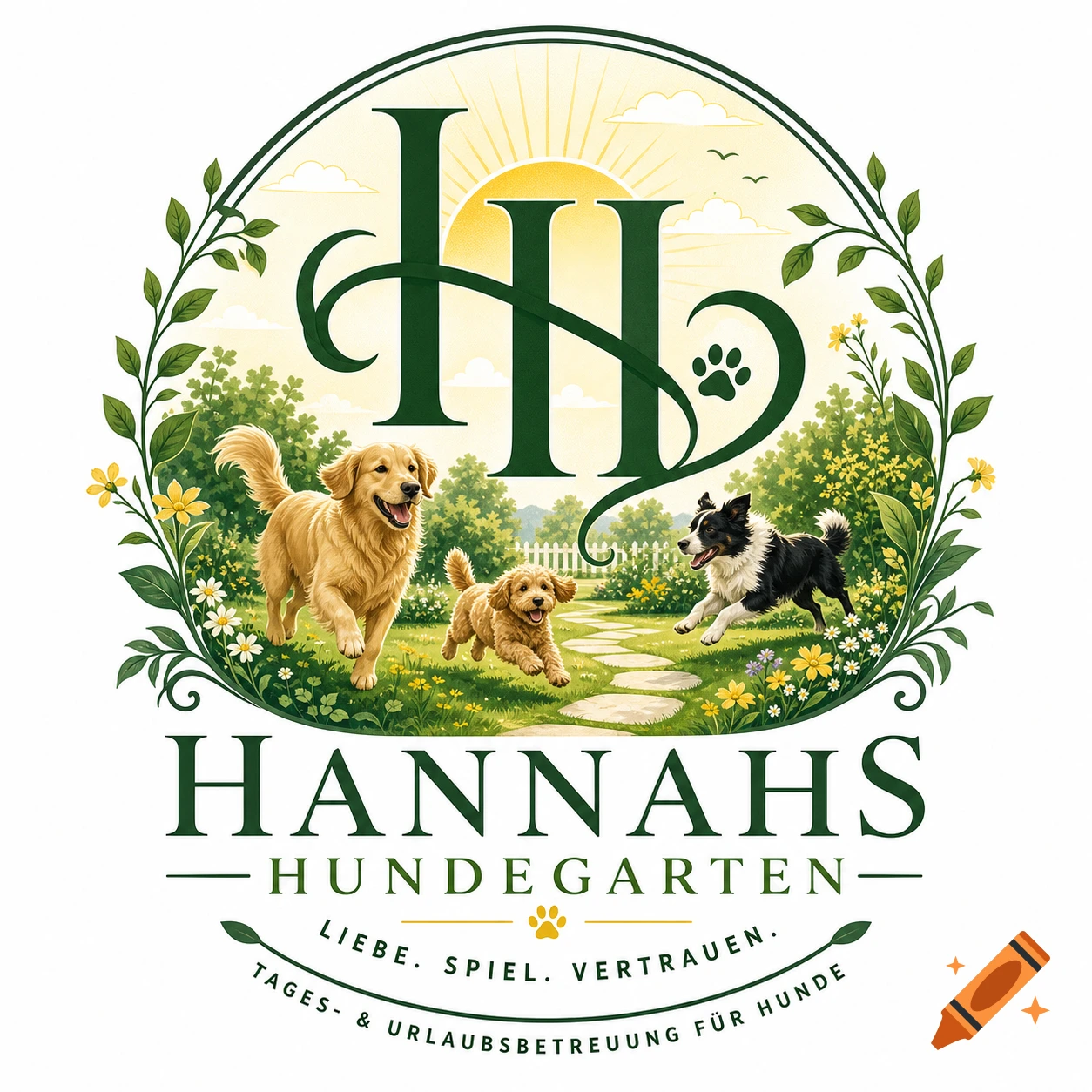 Logo for Hannahs Hundegarten, with three playful dogs in a sunny garden, framed by leaves and 'HH' initials.