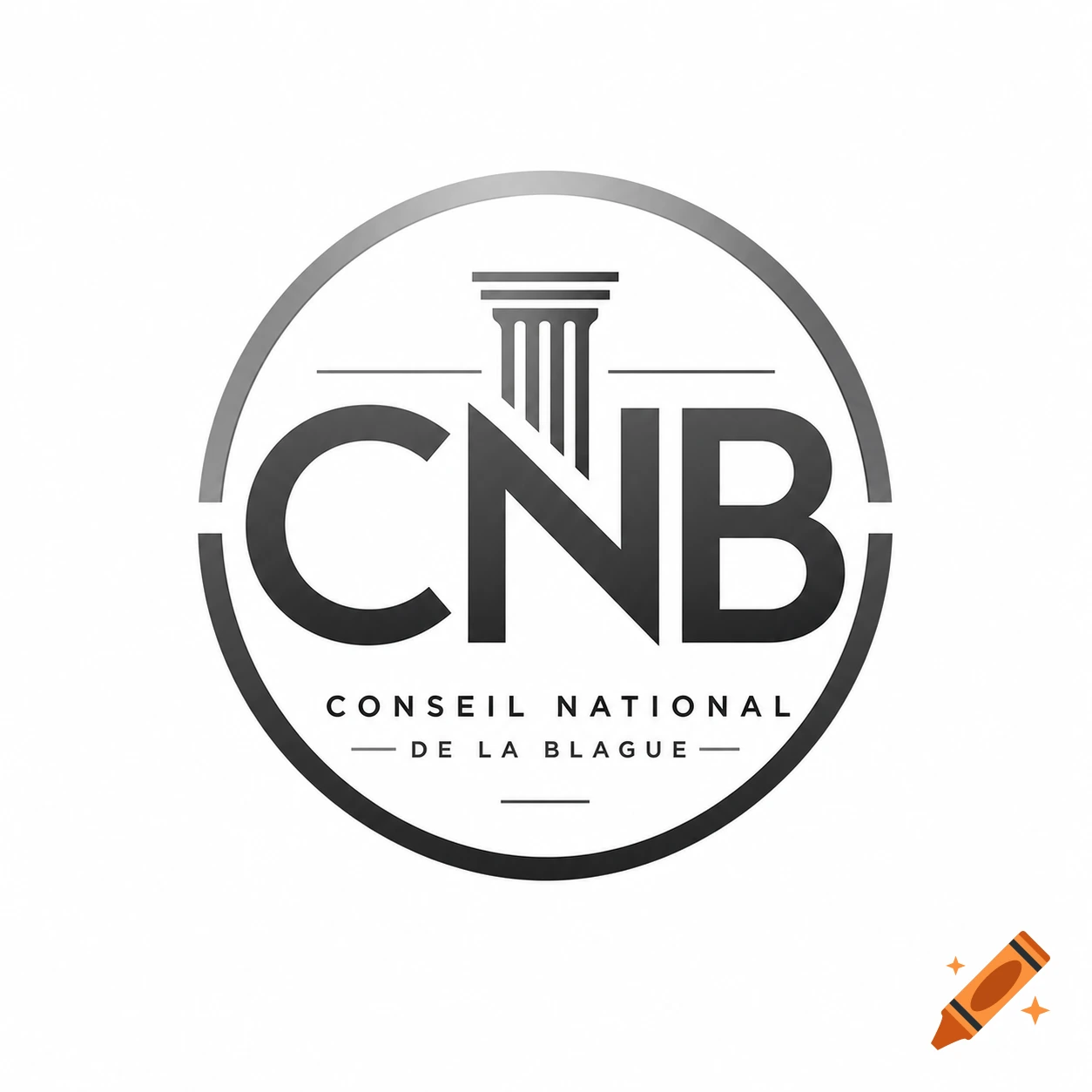 Monochrome logo with letters CNB and a classical column inside a circle, with text 'CONSEIL NATIONAL DE LA BLAGUE' below.