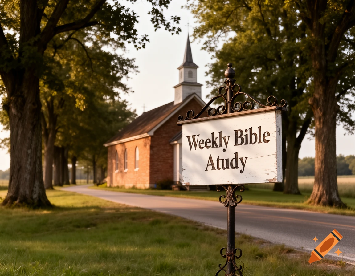 Photorealistic image of a 'Weekly Bible Atudy' sign near a brick church with a steeple, alongside a winding road lined with trees.