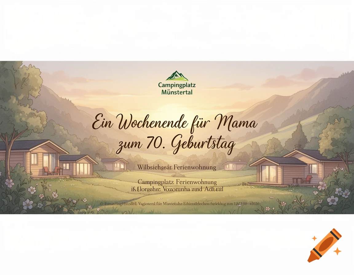 An illustrated voucher shows cabins in a valley with mountains and a sunset, framed by flowers. German text reads, 'A weekend for Mom for her 70th birthday.'