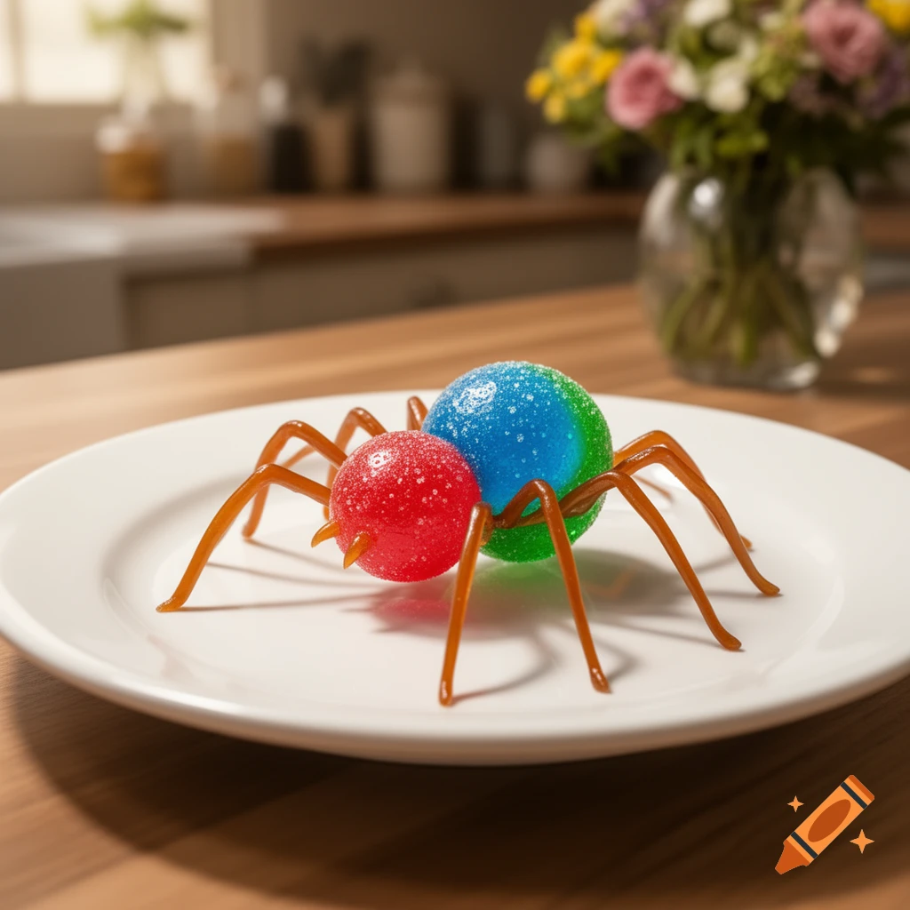 A photorealistic candy spider, with a red front body and a blue and green segmented abdomen, sits on a white plate in a kitchen.