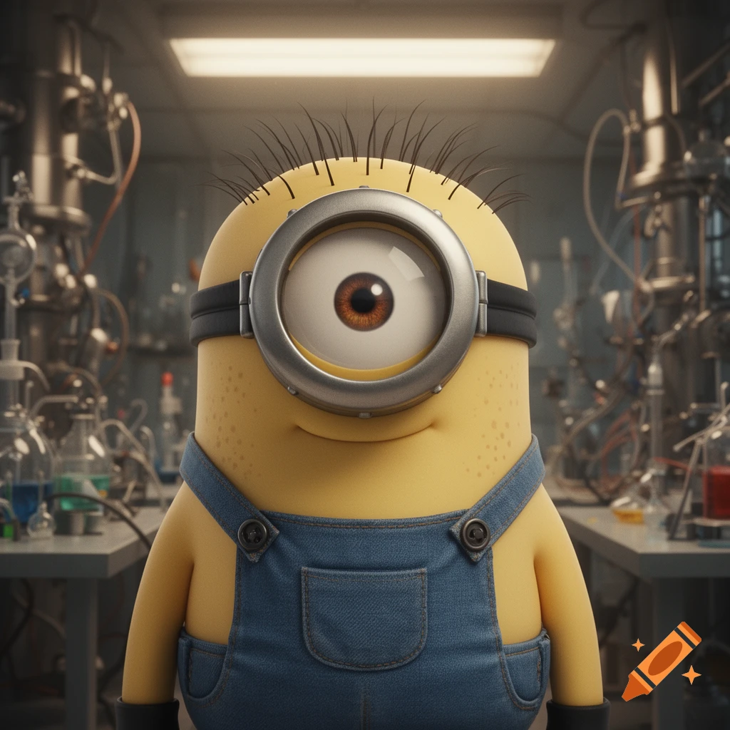 A one-eyed yellow Minion character with short spiky hair and denim overalls stands in a detailed laboratory.