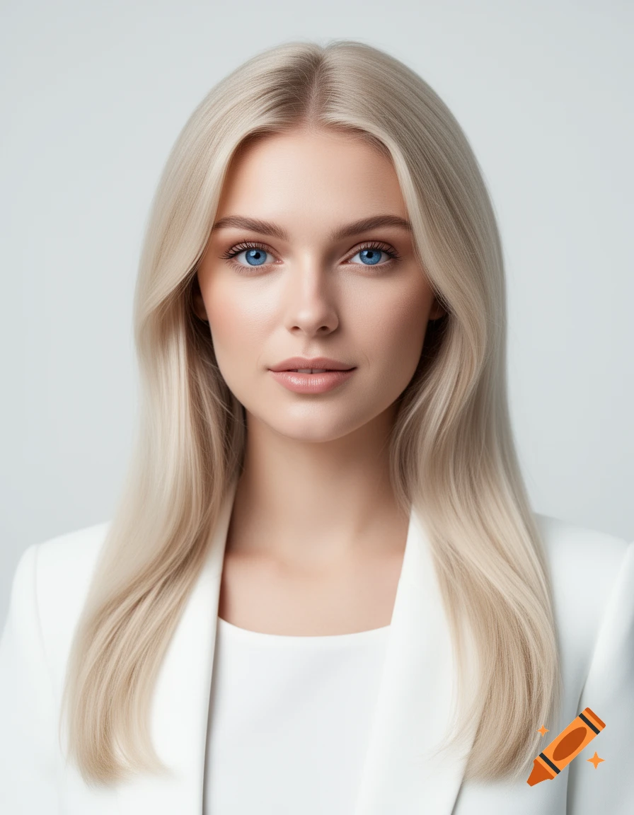 Photorealistic headshot of a young woman with long blonde hair, blue eyes, and a white blazer.