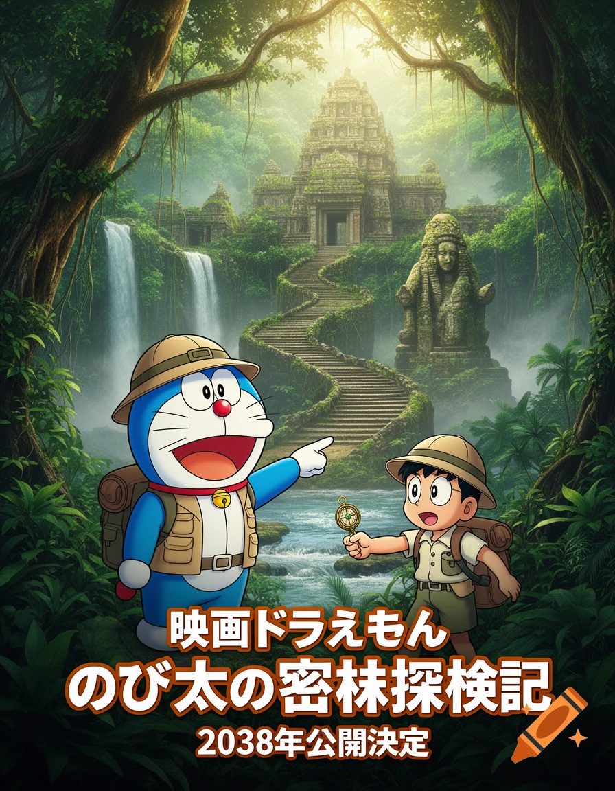 Doraemon and Nobita in explorer outfits point towards an ancient jungle temple with waterfalls, surrounded by lush foliage and movie poster text.
