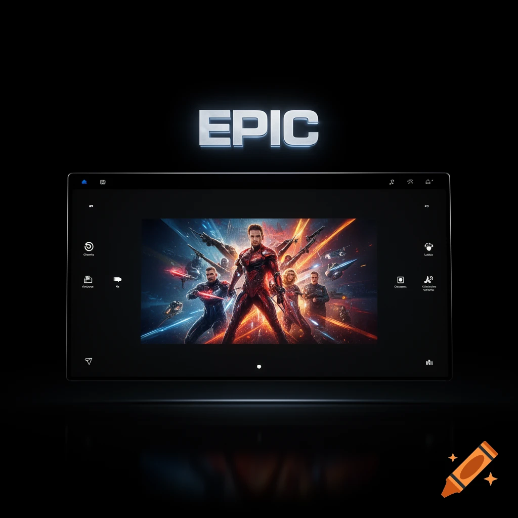 A large digital screen displaying an action-packed sci-fi movie poster with several characters, and the word 'EPIC' above.