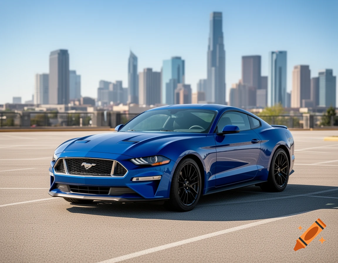 A photorealistic blue Ford Mustang sports car parked in an outdoor lot with a city skyline in the background.