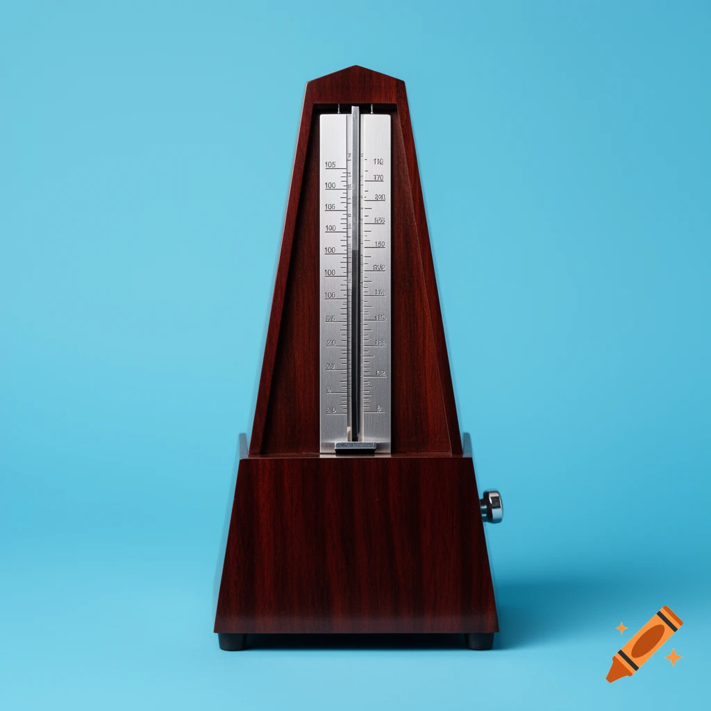A classic wooden metronome with a silver pendulum guide and numbered scales stands on a bright blue background.