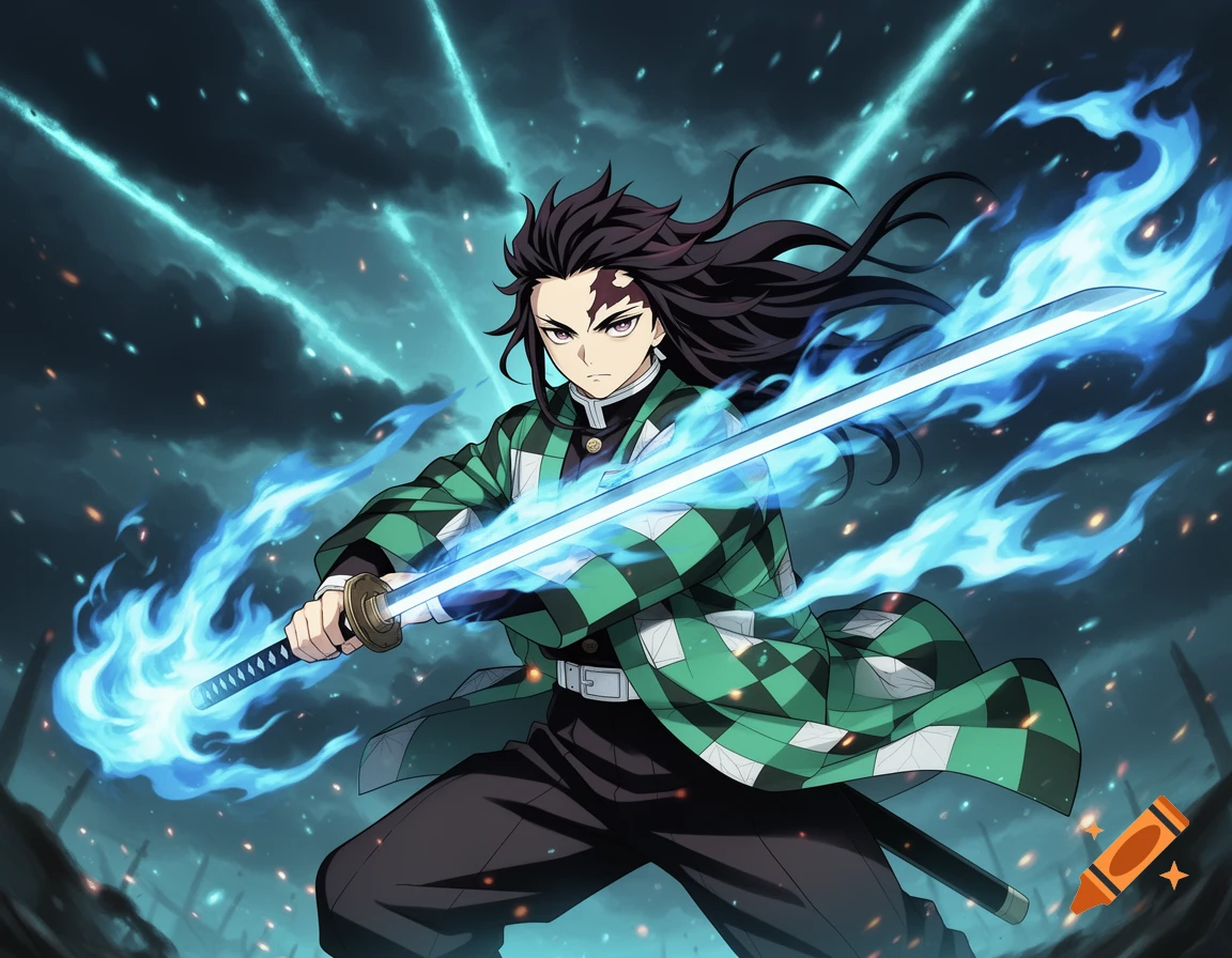 Anime warrior with black hair and a scar, wearing a green and black checkered haori, holding a glowing blue katana amidst blue flames and a dark, stormy sky.