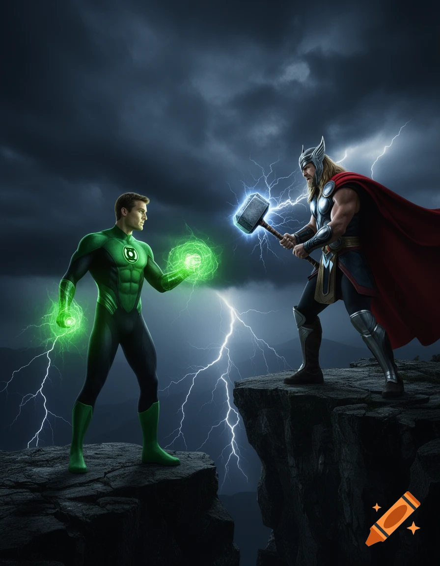 Green Lantern and Thor face off on rocky cliffs under a stormy, lightning-filled sky. Green Lantern emits green energy, Thor holds Mjolnir.