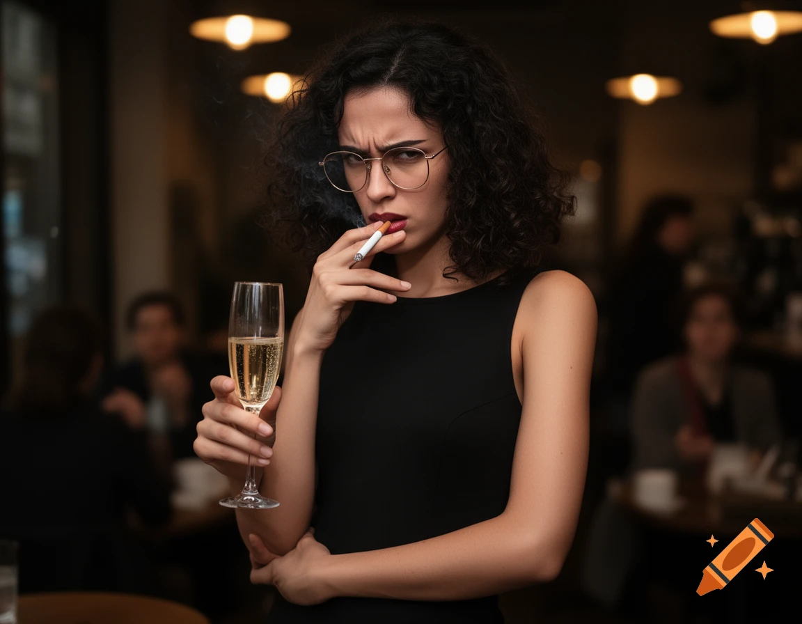 A woman with curly dark hair and glasses in a black dress, smoking a cigarette and holding champagne with an annoyed expression in a bar.
