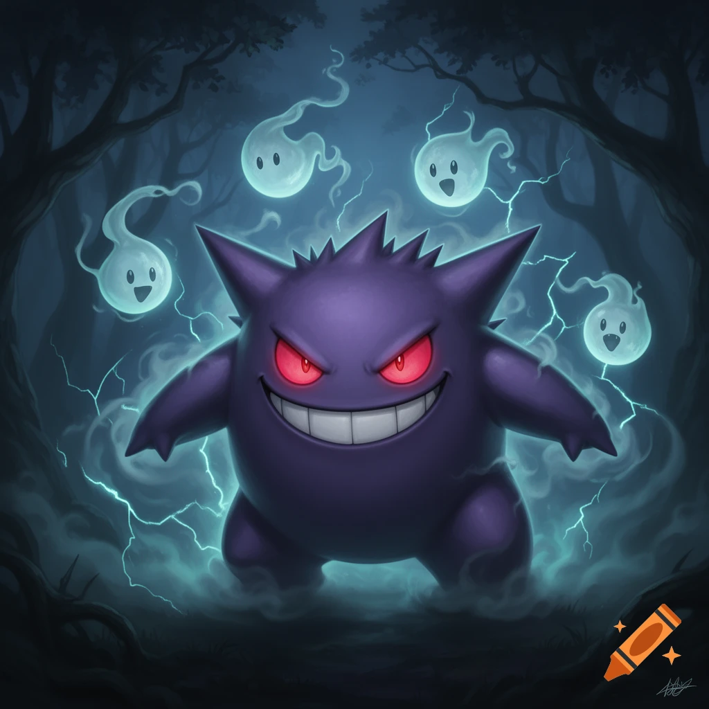 A mischievous Gengar with red eyes and a wide grin emerges from blue mist and electricity in a dark forest, surrounded by small white ghosts.
