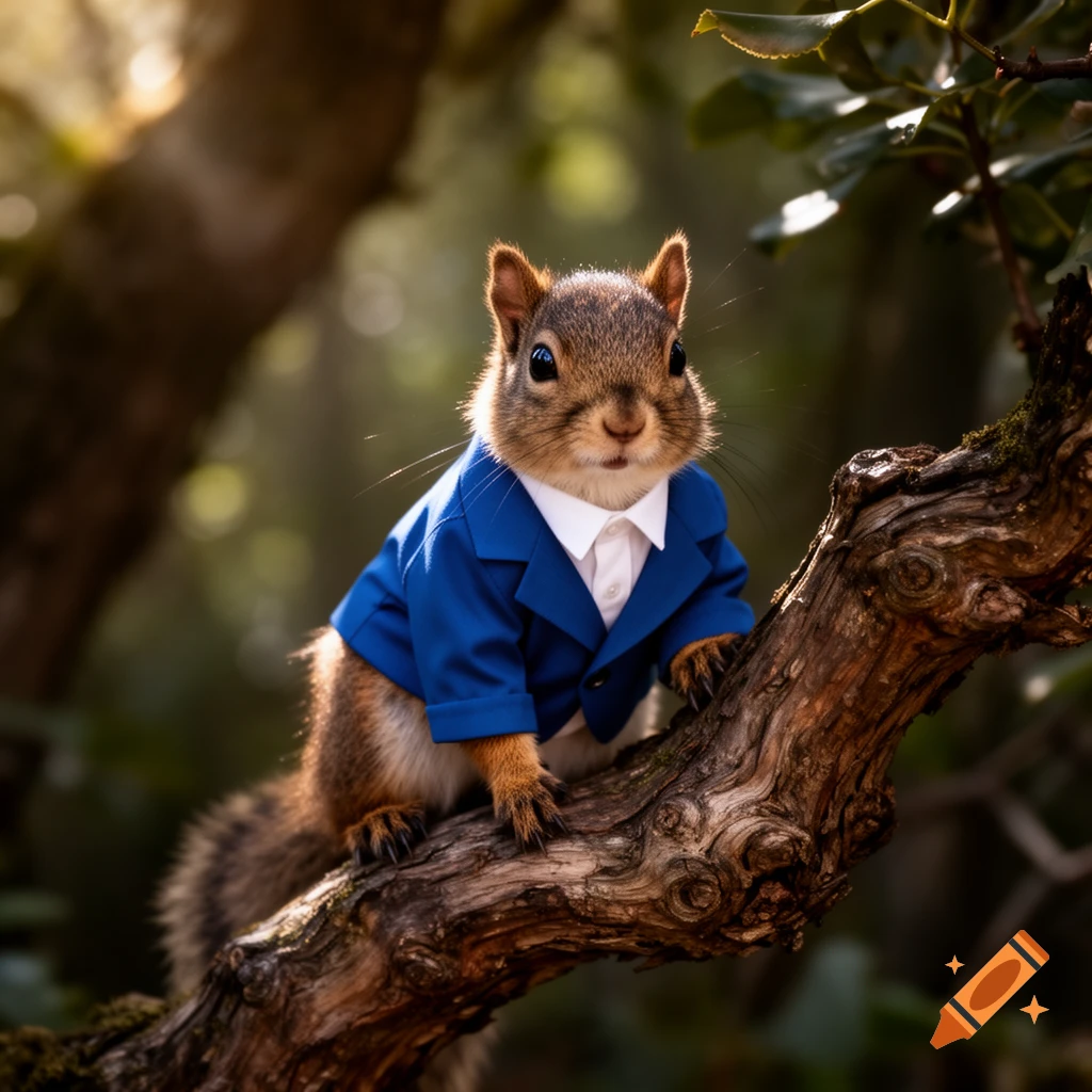 A cute squirrel in a blue jacket and white shirt perched on a tree branch, looking at the viewer.
