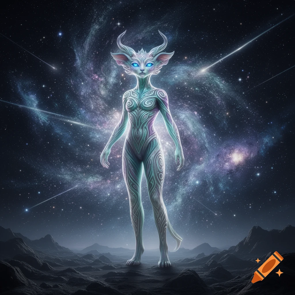 A glowing, feline-like alien creature with horns and patterned skin stands on a rocky alien landscape under a galaxy sky with meteors.