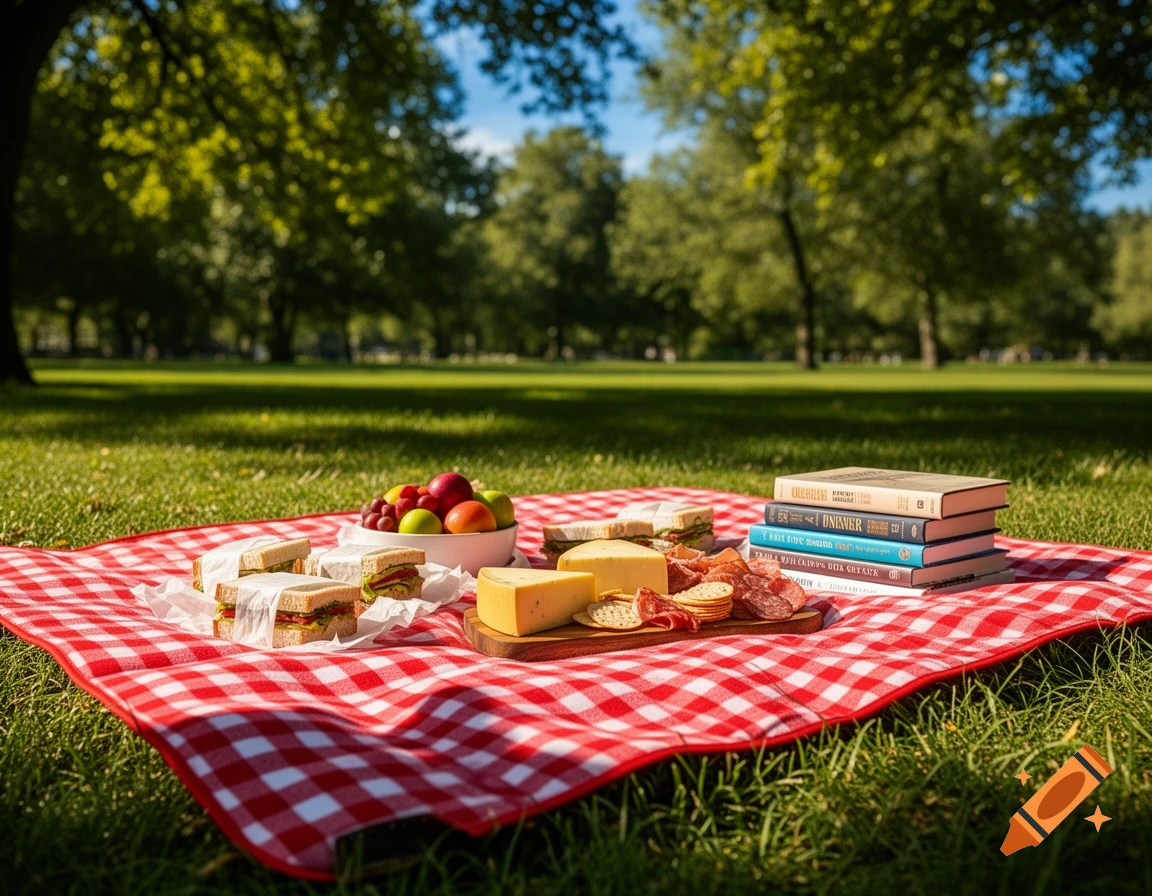A photorealistic image of a picnic spread on a red checkered blanket in a sunny park with green grass and trees. Food includes sandwiches, cheese, fruit, and charcuterie, alongside a stack of books.