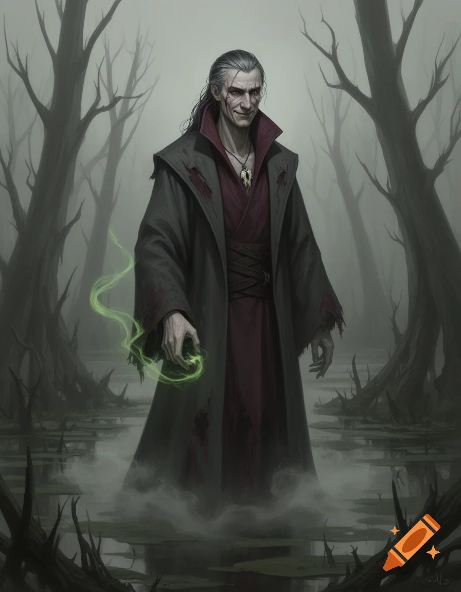 A gaunt necromancer with long gray hair and a sinister smile stands in a misty swamp, holding glowing green magic. Digital painting.