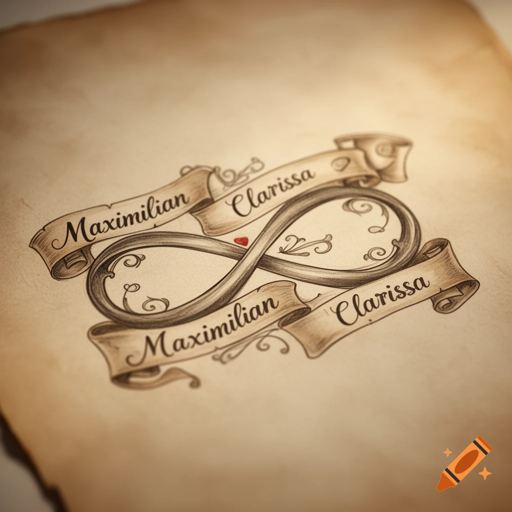 Stylized drawing of an infinity symbol with a red heart, intertwined with banners reading 'Maximilian' and 'Clarissa', on parchment paper.