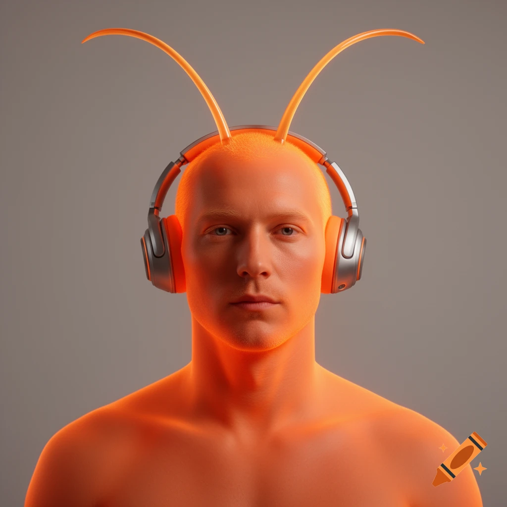 A photorealistic portrait of a bald, orange-skinned man with orange antennae, wearing silver and orange headphones.