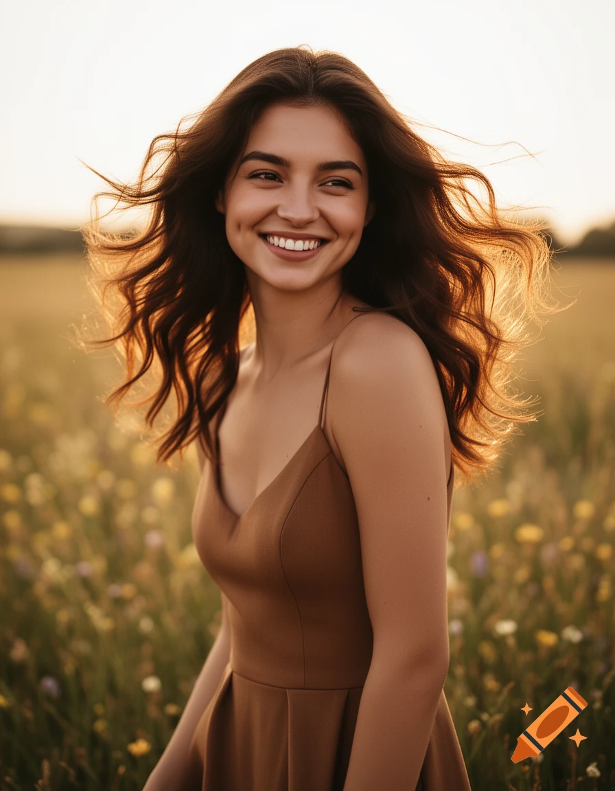 A young woman with long wavy brown hair smiles brightly in a sunlit field of wildflowers.