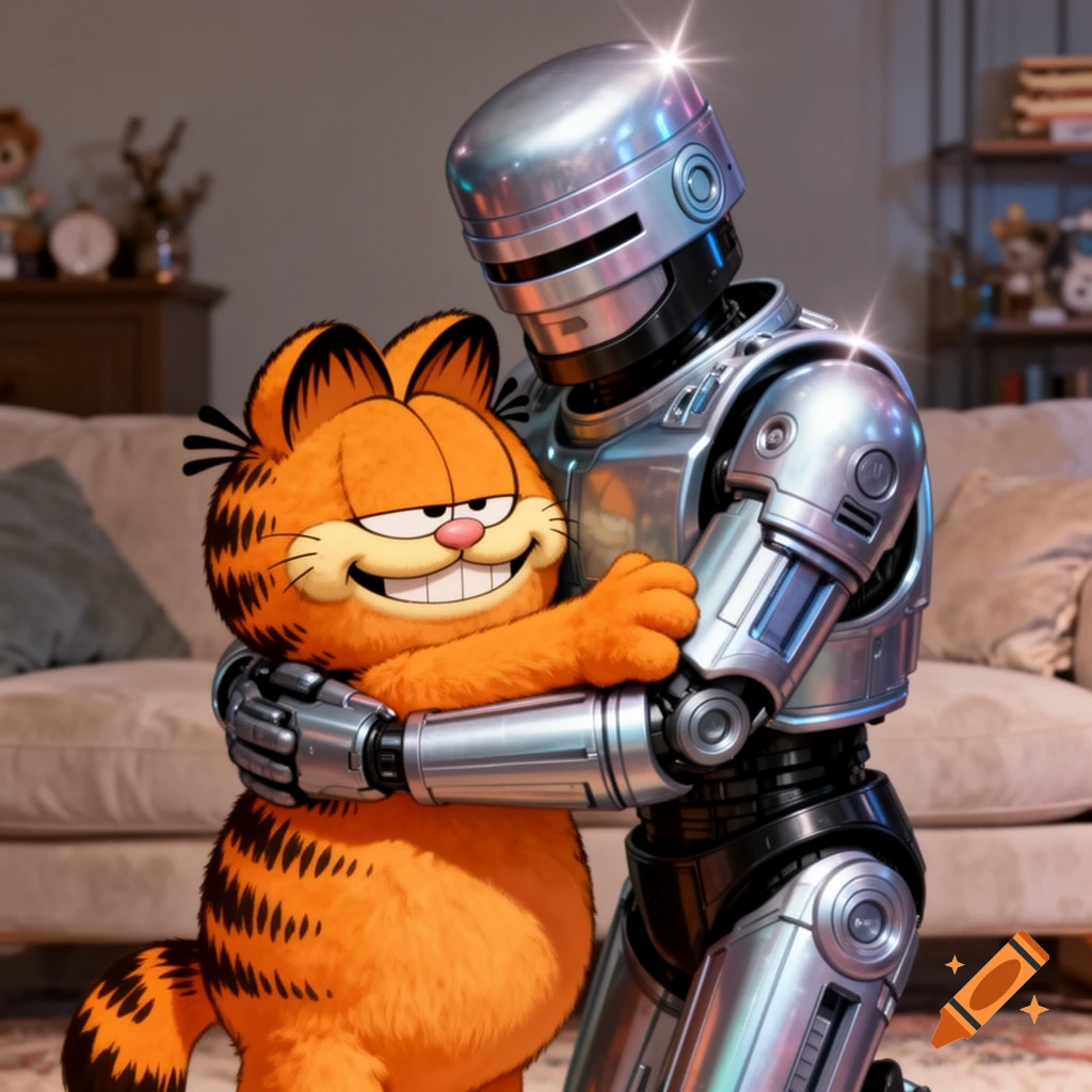 Garfield the orange cat smiles while hugging a shiny silver Robocop in a living room.