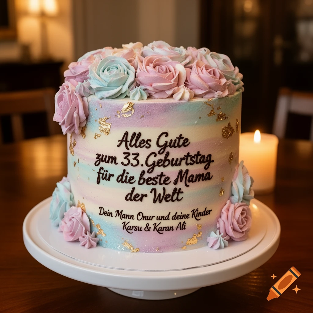 A pastel-colored birthday cake decorated with pink and light blue frosting roses, gold flakes, and German text.