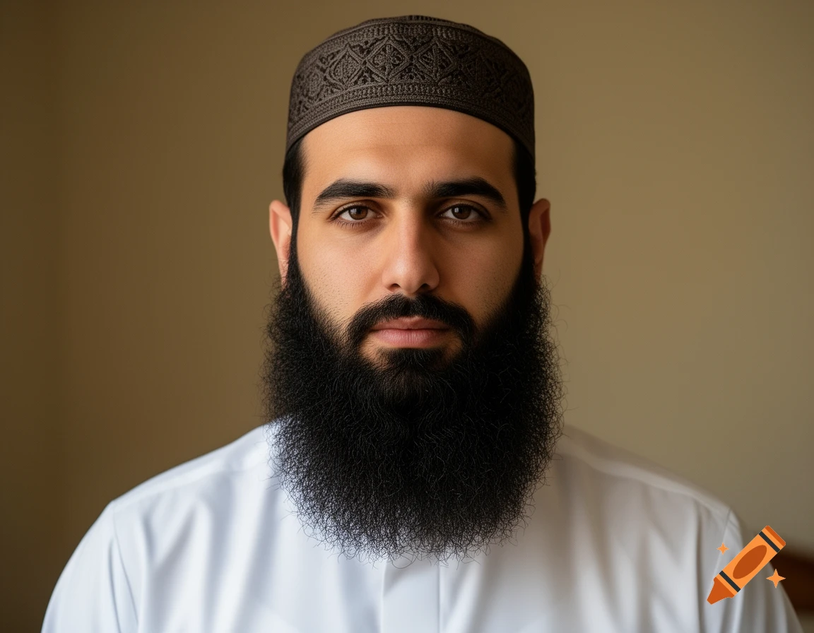 Photorealistic portrait of a man with a full dark beard and a patterned brown kufi cap, wearing a white thobe.