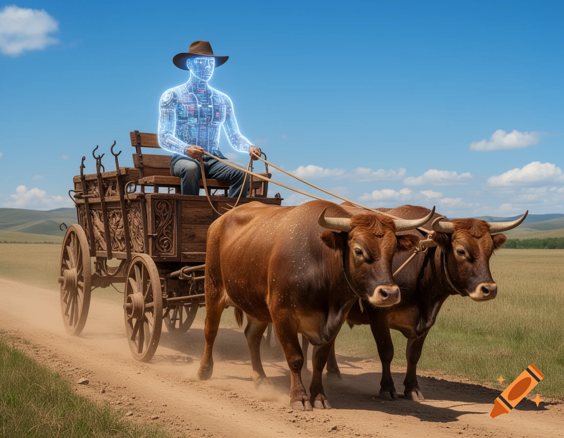 A glowing blue AI figure in a cowboy hat drives a wooden wagon pulled by two brown oxen on a dirt road in a sunny, grassy field.