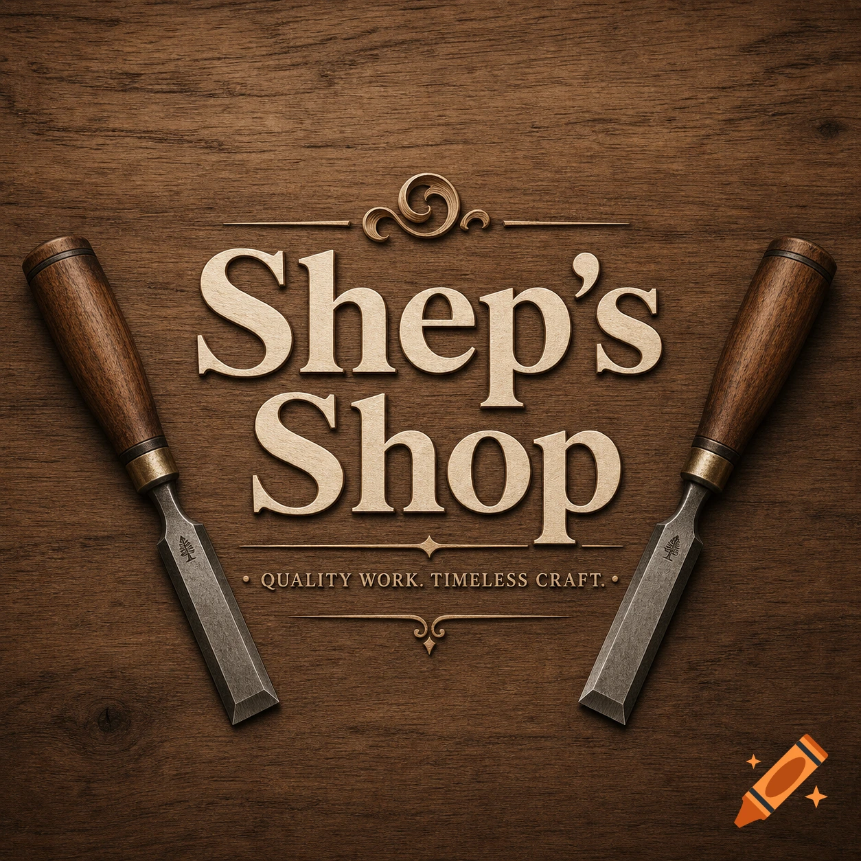 A stylish logo for "Shep's Shop" featuring two chisels on a rich wooden background, with the slogan "QUALITY WORK. TIMELESS CRAFT."