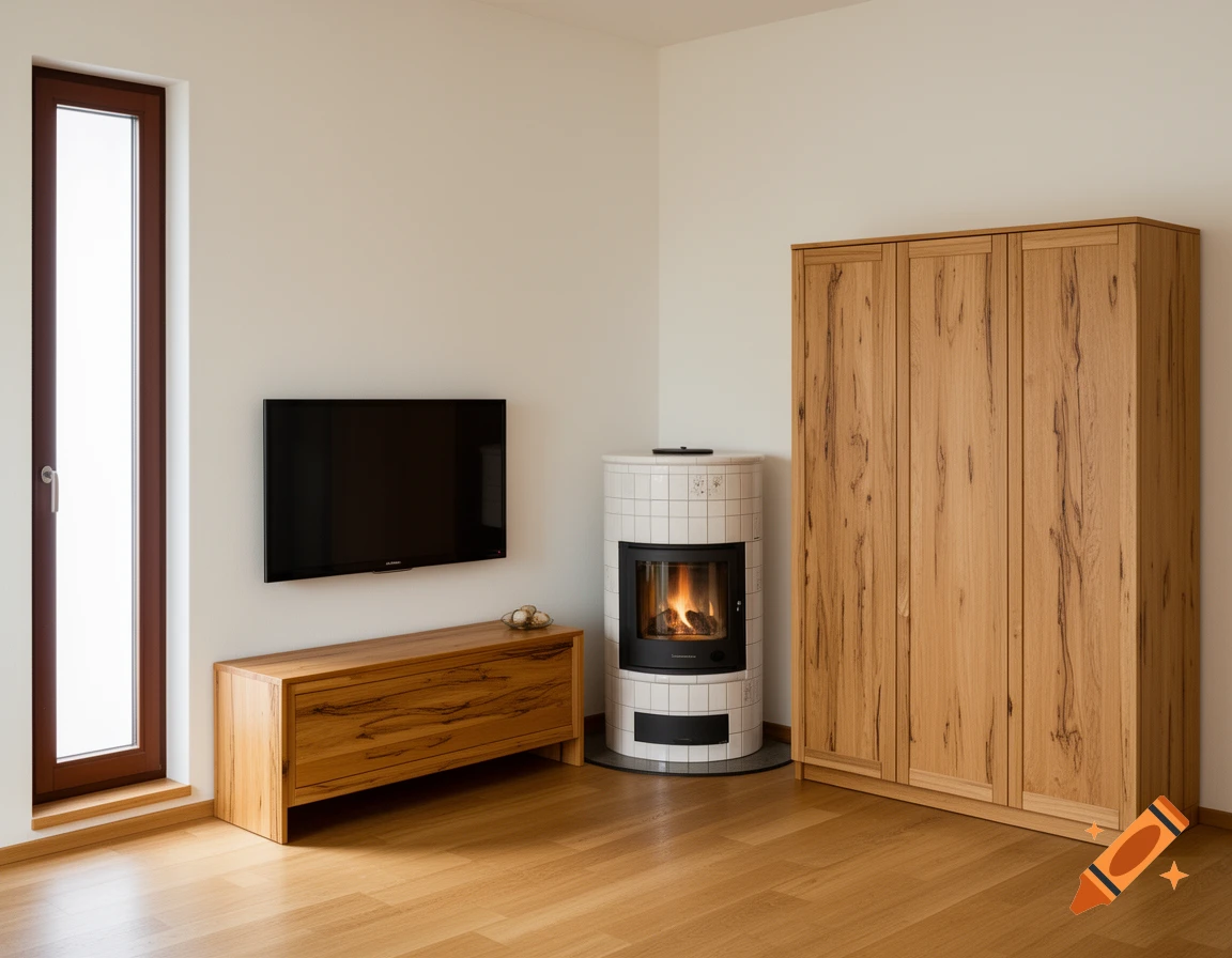 A modern living room with a tall window, a wall-mounted TV over a wooden TV board, a round white tiled stove, and a tall wooden wardrobe.