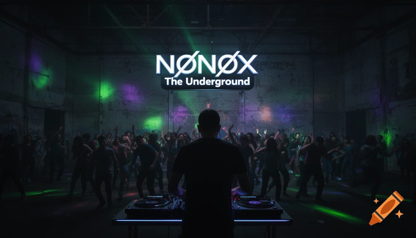 A DJ performing from behind in a dark, industrial club with green and purple lights, facing a dancing crowd under a 'NØNØX The Underground' sign.
