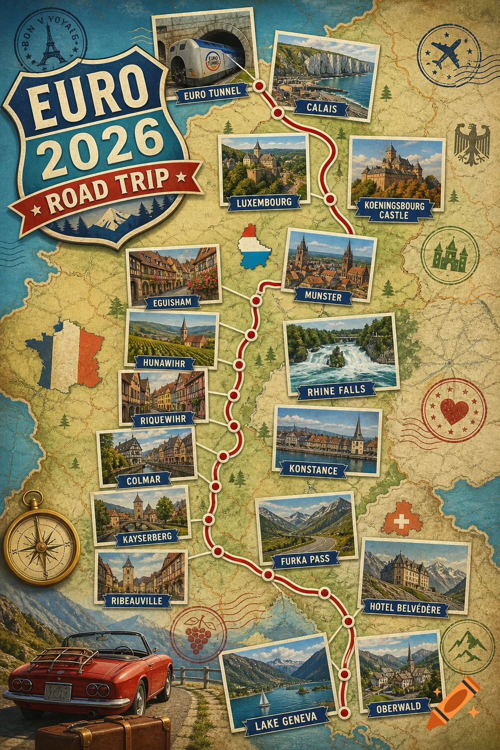 A vintage-style map poster for a "Euro 2026 Road Trip," featuring various European landmarks, cities, and natural sites connected by a red road line. A red convertible car is parked at the bottom left with luggage.
