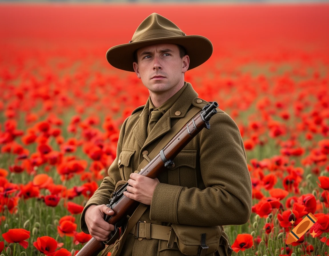 Photorealistic image of an Anzac soldier in uniform, holding a rifle, standing in a vibrant field of red poppies.